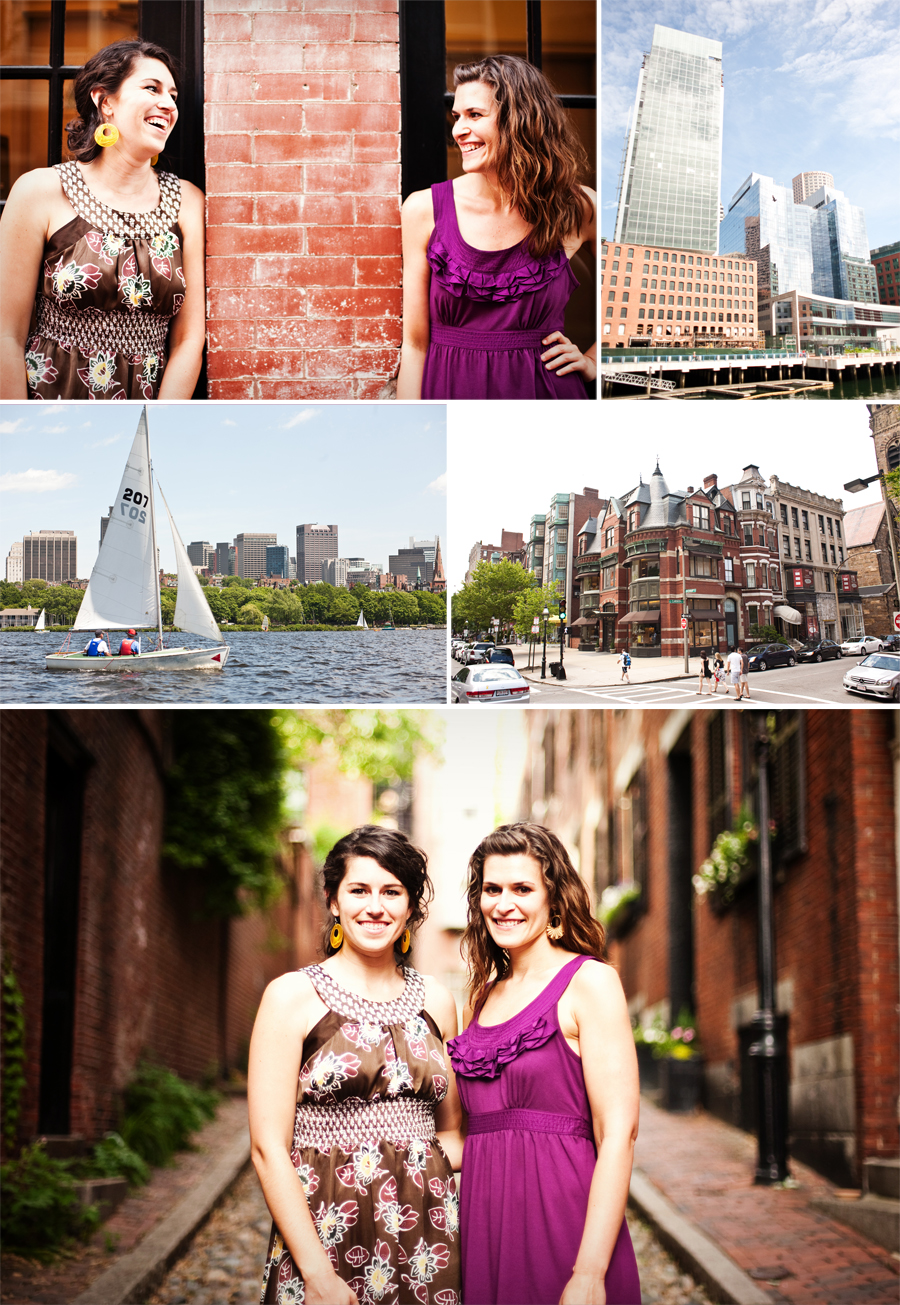 sisters smiling on the brick streets in boston, a sail boat in the boston harbor